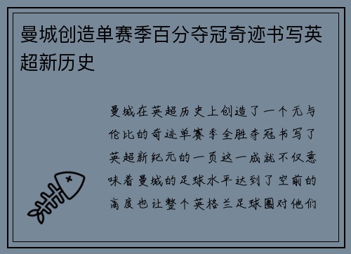 曼城创造单赛季百分夺冠奇迹书写英超新历史